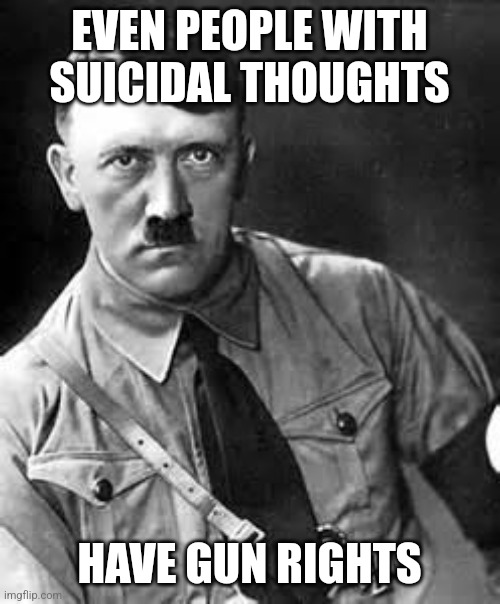 Adolf Hitler | EVEN PEOPLE WITH SUICIDAL THOUGHTS; HAVE GUN RIGHTS | image tagged in adolf hitler | made w/ Imgflip meme maker