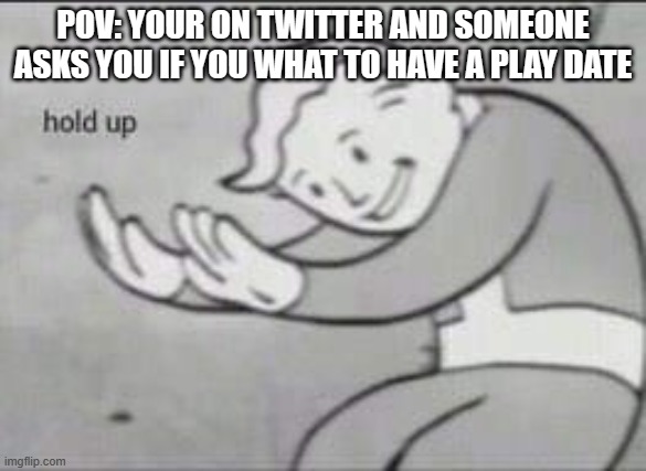 Fallout Hold Up | POV: YOUR ON TWITTER AND SOMEONE ASKS YOU IF YOU WHAT TO HAVE A PLAY DATE | image tagged in fallout hold up | made w/ Imgflip meme maker