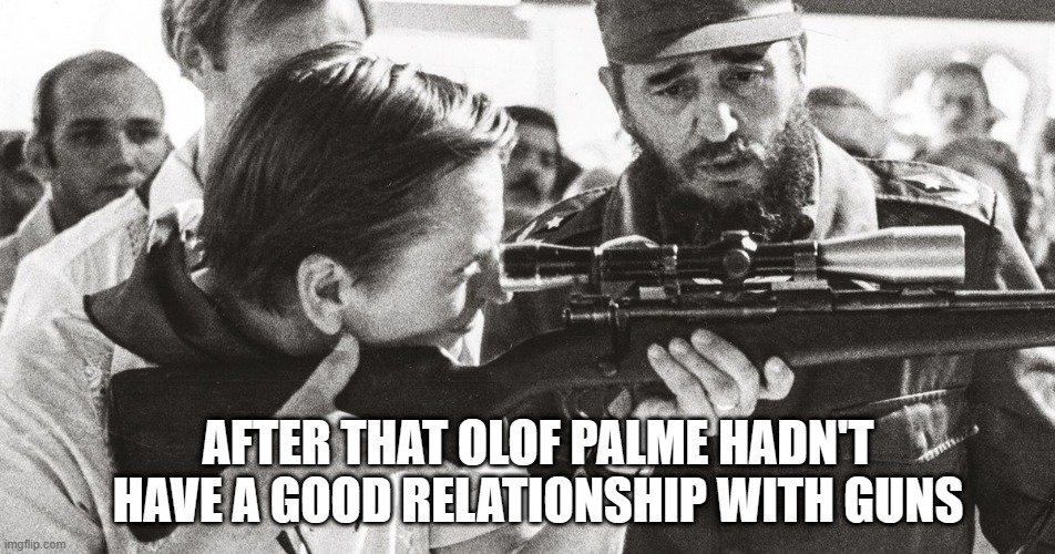 Olof skådar en folkhemsförrädare | AFTER THAT OLOF PALME HADN'T HAVE A GOOD RELATIONSHIP WITH GUNS | image tagged in olof sk dar en folkhemsf rr dare | made w/ Imgflip meme maker