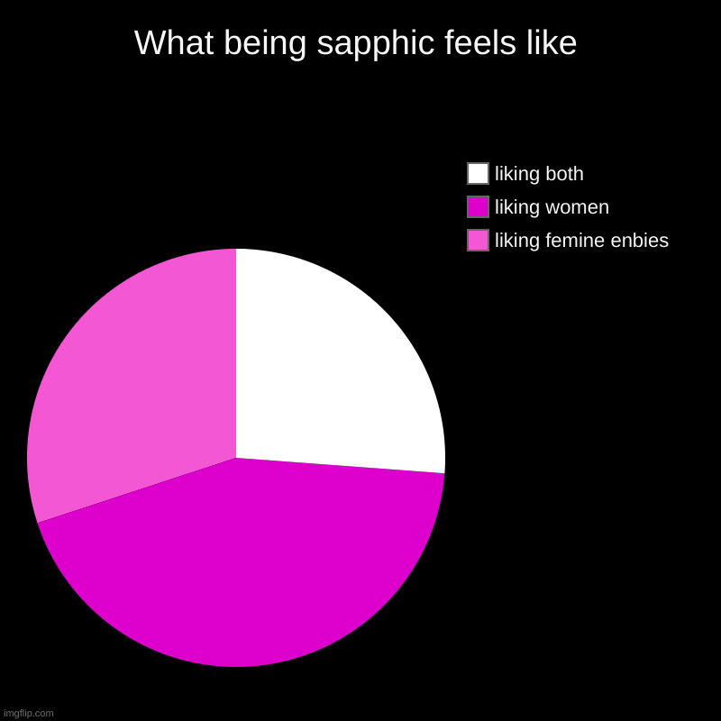 yeah | What being sapphic feels like | liking femine enbies, liking women, liking both | image tagged in charts,pie charts | made w/ Imgflip chart maker