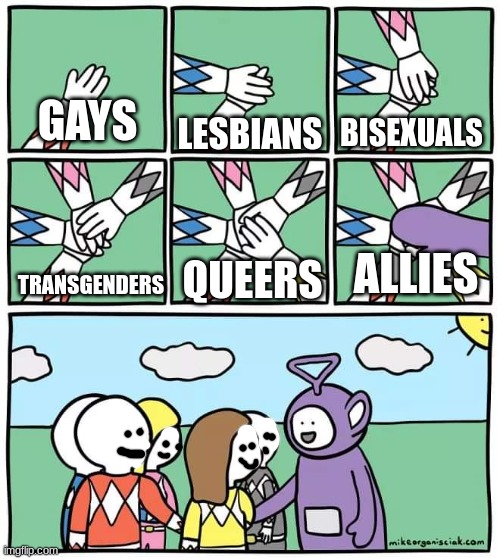 no context | BISEXUALS; GAYS; LESBIANS; ALLIES; QUEERS; TRANSGENDERS | image tagged in power ranger teletubbies | made w/ Imgflip meme maker
