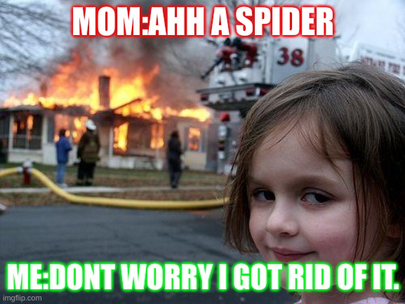 girl killing spider | MOM:AHH A SPIDER; ME:DONT WORRY I GOT RID OF IT. | image tagged in memes,disaster girl | made w/ Imgflip meme maker