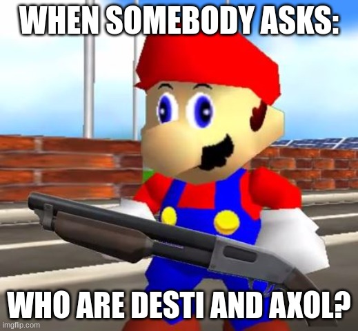 You are not an SMG4 fan unless you know at least one of these people | WHEN SOMEBODY ASKS:; WHO ARE DESTI AND AXOL? | image tagged in smg4 shotgun mario | made w/ Imgflip meme maker