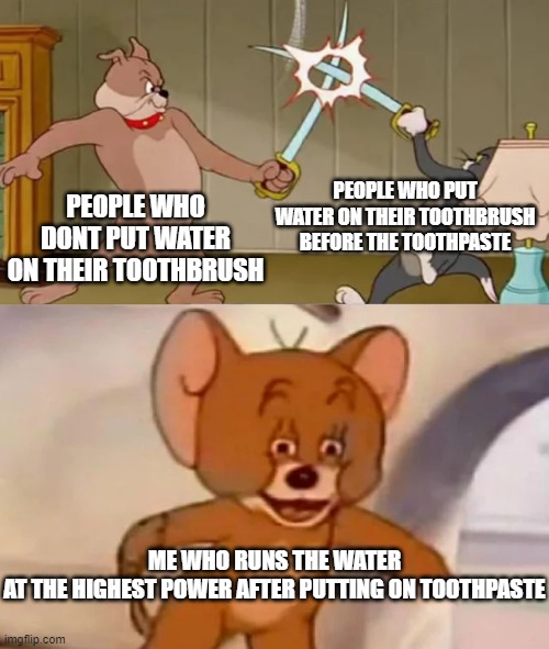 am i a phsycopath | PEOPLE WHO PUT WATER ON THEIR TOOTHBRUSH BEFORE THE TOOTHPASTE; PEOPLE WHO DONT PUT WATER ON THEIR TOOTHBRUSH; ME WHO RUNS THE WATER AT THE HIGHEST POWER AFTER PUTTING ON TOOTHPASTE | image tagged in tom and spike fighting | made w/ Imgflip meme maker