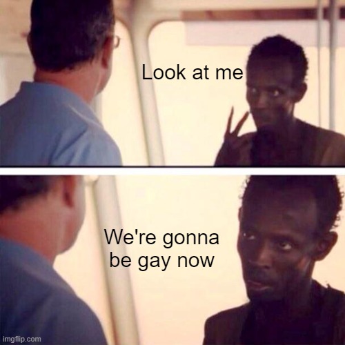 You're gay, you're gay, we can all be gay, hooray! |  Look at me; We're gonna be gay now | image tagged in memes,captain phillips - i'm the captain now,why are you gay,happy,oh wow are you actually reading these tags | made w/ Imgflip meme maker
