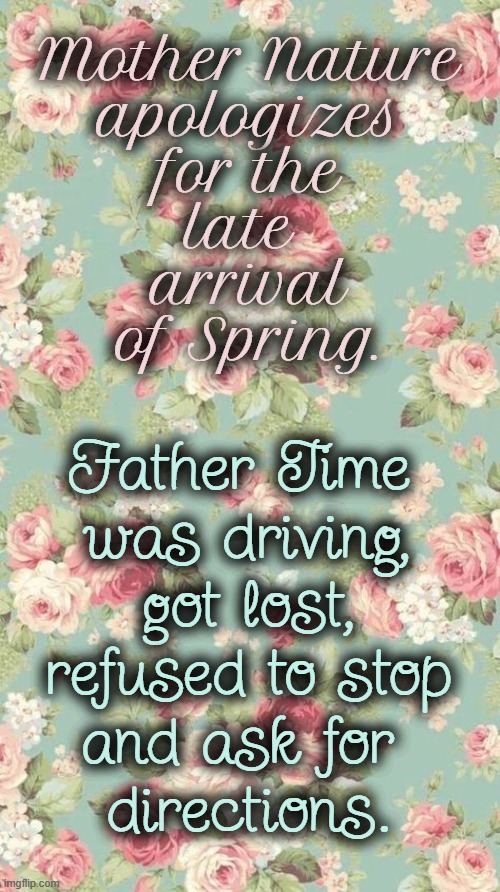 Blame it on Father Time! | Mother Nature
apologizes
for the
late 
arrival
of Spring. Father Time 
was driving,
got lost,
refused to stop
and ask for 
directions. | image tagged in mother nature,spring,springtime,directions,lost | made w/ Imgflip meme maker