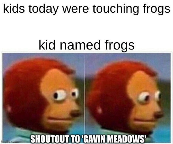 Monkey Puppet | kids today were touching frogs; kid named frogs; SHOUTOUT TO 'GAVIN MEADOWS' | image tagged in memes,monkey puppet | made w/ Imgflip meme maker
