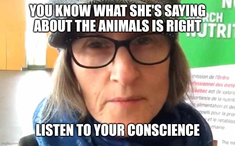 You Know She's Right | YOU KNOW WHAT SHE'S SAYING ABOUT THE ANIMALS IS RIGHT; LISTEN TO YOUR CONSCIENCE | image tagged in that vegan teacher meme,meat,mcdonalds,that vegan teacher,vegans,cheese | made w/ Imgflip meme maker