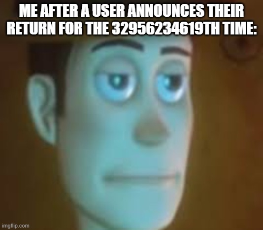 Like, we get it, you're back, but you never left | ME AFTER A USER ANNOUNCES THEIR RETURN FOR THE 32956234619TH TIME: | image tagged in disappointed woody | made w/ Imgflip meme maker