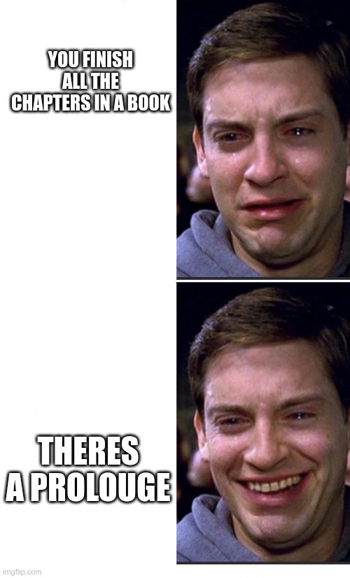 Peter Parker crying/happy | YOU FINISH ALL THE CHAPTERS IN A BOOK; THEIRS A PROLOGUE | image tagged in peter parker crying/happy | made w/ Imgflip meme maker