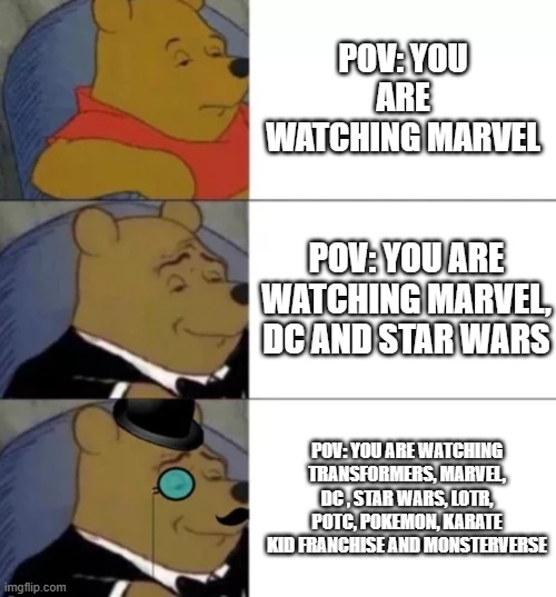 Fancy pooh | POV: YOU ARE WATCHING MARVEL; POV: YOU ARE WATCHING MARVEL, DC AND STAR WARS; POV: YOU ARE WATCHING TRANSFORMERS, MARVEL, DC , STAR WARS, LOTR, POTC, POKEMON, KARATE KID FRANCHISE AND MONSTERVERSE | image tagged in fancy pooh | made w/ Imgflip meme maker