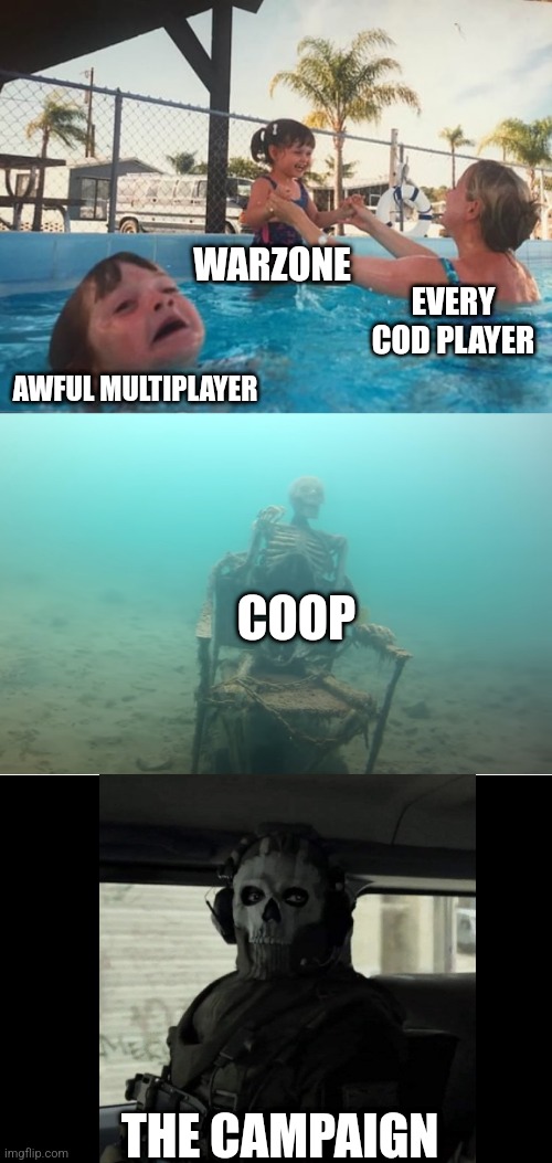 It's kinda sad. I wish people played it as a milsim to respect the dying soldiers protecting us. And also played the campaign. | WARZONE; EVERY COD PLAYER; AWFUL MULTIPLAYER; COOP; THE CAMPAIGN | image tagged in swimming pool kids,cod,depression,facts,gaming,nostalgia | made w/ Imgflip meme maker