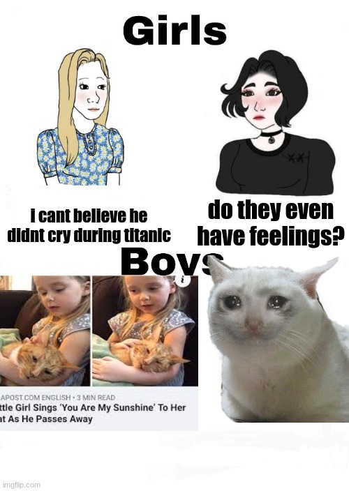 i knew this cat and it makes me cry just to make this meme | i cant believe he didnt cry during titanic; do they even have feelings? | image tagged in girls vs boys,sad but true,do men even have feelings | made w/ Imgflip meme maker