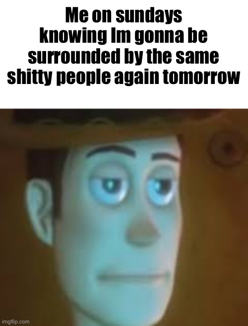 Tragic. | Me on sundays knowing Im gonna be surrounded by the same shitty people again tomorrow | image tagged in disappointed woody | made w/ Imgflip meme maker