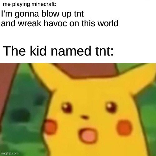 goodbye tnt... | I'm gonna blow up tnt and wreak havoc on this world; me playing minecraft:; The kid named tnt: | image tagged in memes,surprised pikachu,minecraft,pikachu,bruh,funny | made w/ Imgflip meme maker