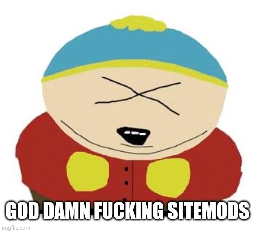 Cartman | GOD DAMN FUCKING SITEMODS | image tagged in cartman | made w/ Imgflip meme maker