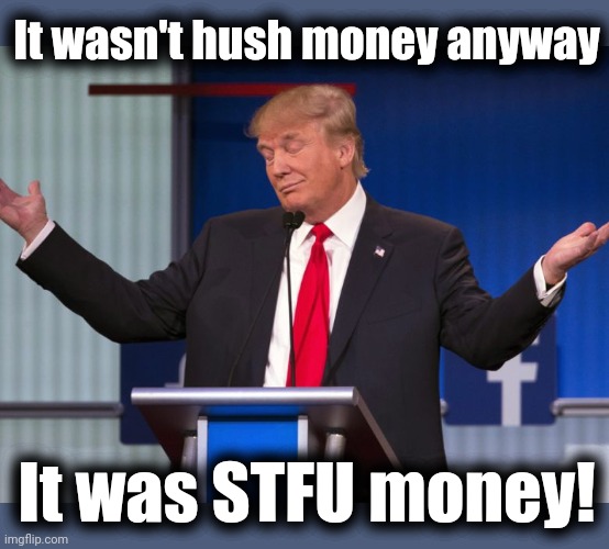 Donald Trump Shrugging | It wasn't hush money anyway It was STFU money! | image tagged in donald trump shrugging | made w/ Imgflip meme maker