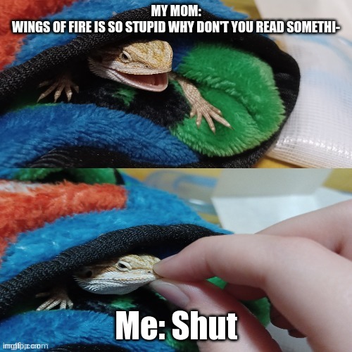 Hawthorn's little face- AHHHHHHHHHHHHHHHHHHH | MY MOM:
WINGS OF FIRE IS SO STUPID WHY DON'T YOU READ SOMETHI-; Me: Shut | image tagged in hawthorn's mouth being shut | made w/ Imgflip meme maker