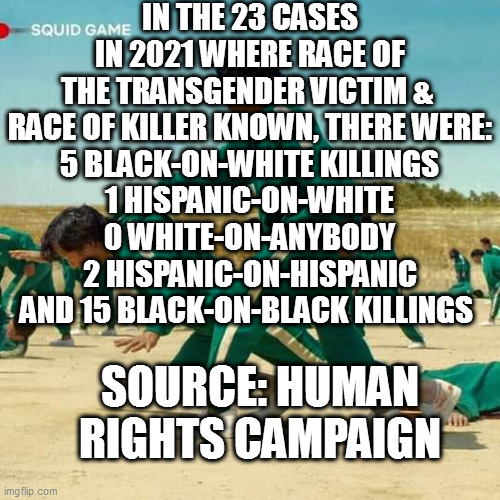the facts re: trans murders are easily google=able | IN THE 23 CASES IN 2021 WHERE RACE OF THE TRANSGENDER VICTIM &  RACE OF KILLER KNOWN, THERE WERE:
5 BLACK-ON-WHITE KILLINGS
1 HISPANIC-ON-WHITE
0 WHITE-ON-ANYBODY
2 HISPANIC-ON-HISPANIC
AND 15 BLACK-ON-BLACK KILLINGS; SOURCE: HUMAN RIGHTS CAMPAIGN | image tagged in squid game | made w/ Imgflip meme maker