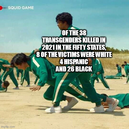 source - human rights campaign, an lgbtq lobbying group | OF THE 38 TRANSGENDERS KILLED IN 2021 IN THE FIFTY STATES,
8 OF THE VICTIMS WERE WHITE
4 HISPANIC
AND 26 BLACK | image tagged in squid game | made w/ Imgflip meme maker