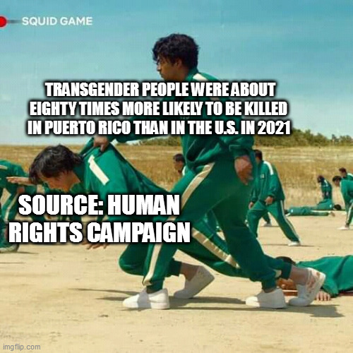 Squid Game | TRANSGENDER PEOPLE WERE ABOUT EIGHTY TIMES MORE LIKELY TO BE KILLED IN PUERTO RICO THAN IN THE U.S. IN 2021; SOURCE: HUMAN RIGHTS CAMPAIGN | image tagged in squid game | made w/ Imgflip meme maker