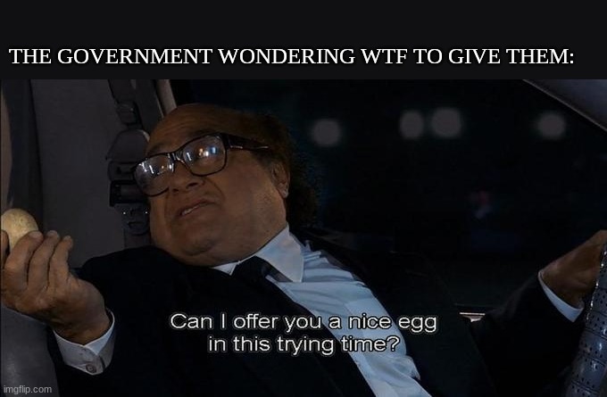 Can I Offer You A Nice Egg | THE GOVERNMENT WONDERING WTF TO GIVE THEM: | image tagged in can i offer you a nice egg | made w/ Imgflip meme maker