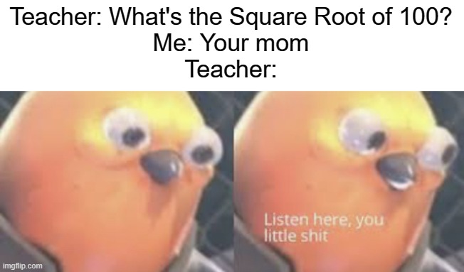Just a guy making a joke, but teachers are a-holes | Teacher: What's the Square Root of 100?
Me: Your mom
Teacher: | image tagged in listen here you little shit bird,teacher,asshole | made w/ Imgflip meme maker
