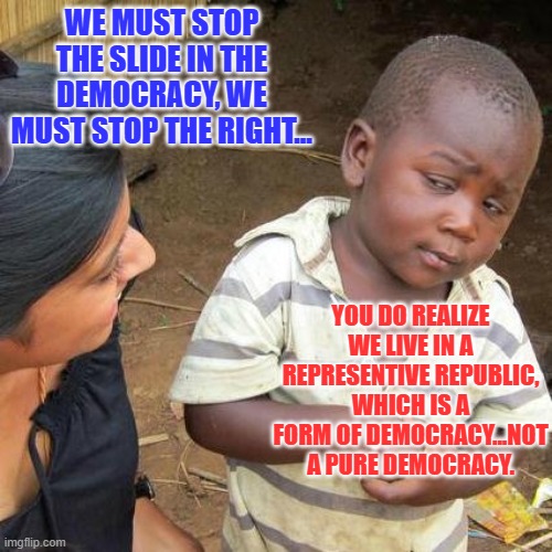 Third World Skeptical Kid | WE MUST STOP THE SLIDE IN THE DEMOCRACY, WE MUST STOP THE RIGHT... YOU DO REALIZE WE LIVE IN A REPRESENTIVE REPUBLIC, WHICH IS A FORM OF DEMOCRACY...NOT A PURE DEMOCRACY. | image tagged in memes,third world skeptical kid | made w/ Imgflip meme maker