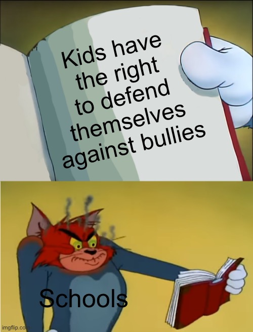 Angry Tom Reading Book | Kids have the right to defend themselves against bullies; Schools | image tagged in angry tom reading book,memes | made w/ Imgflip meme maker