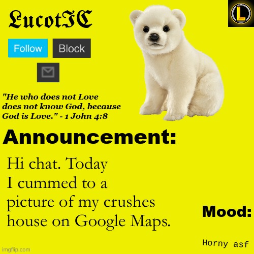 Send nudes in memechat. I'm horny | Hi chat. Today I cummed to a picture of my crushes house on Google Maps. Horny asf | image tagged in lucotic polar bear announcement temp v3 | made w/ Imgflip meme maker