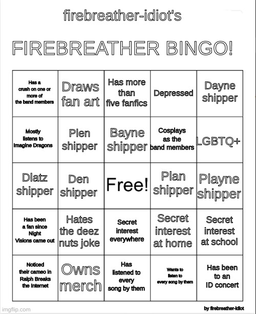 firebreather-idiot's Firebreather Bingo Blank Meme Template