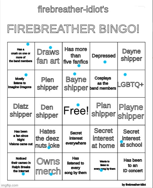 I did my own bingo and didn't get anything lol | image tagged in firebreather-idiot's firebreather bingo,imagine dragons | made w/ Imgflip meme maker