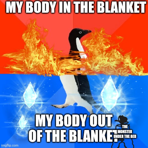 MY BODY IN THE BLANKET; MY BODY OUT OF THE BLANKET; THE MONSTER UNDER THE BED | made w/ Imgflip meme maker