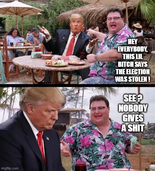 nobody cares | HEY EVERYBODY, THIS LIL BITCH SAYS THE ELECTION WAS STOLEN ! SEE ?
NOBODY GIVES A SHIT | image tagged in nobody cares,dennis nedry,jurassic park,clown car republicans,maga morons,elections | made w/ Imgflip meme maker