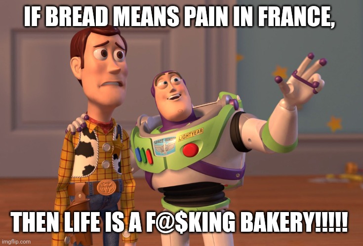 X, X Everywhere Meme | IF BREAD MEANS PAIN IN FRANCE, THEN LIFE IS A F@$KING BAKERY!!!!! | image tagged in memes,x x everywhere | made w/ Imgflip meme maker