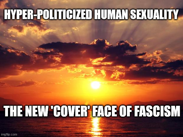 Sunset | HYPER-POLITICIZED HUMAN SEXUALITY; THE NEW 'COVER' FACE OF FASCISM | image tagged in sunset | made w/ Imgflip meme maker