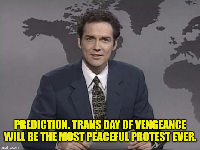 My Prediction of trans day of vengeance | PREDICTION. TRANS DAY OF VENGEANCE WILL BE THE MOST PEACEFUL PROTEST EVER. | image tagged in weekend update with norm,trans,peaceful,protest | made w/ Imgflip meme maker