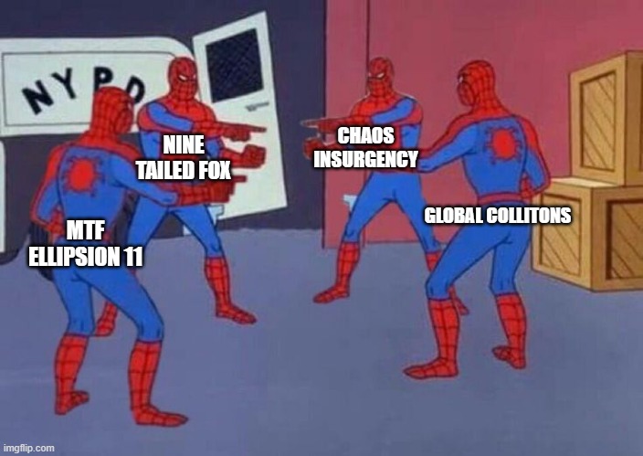 MTF moment | CHAOS INSURGENCY; NINE TAILED FOX; GLOBAL COLLITONS; MTF ELLIPSION 11 | image tagged in 4 spiderman pointing at each other | made w/ Imgflip meme maker