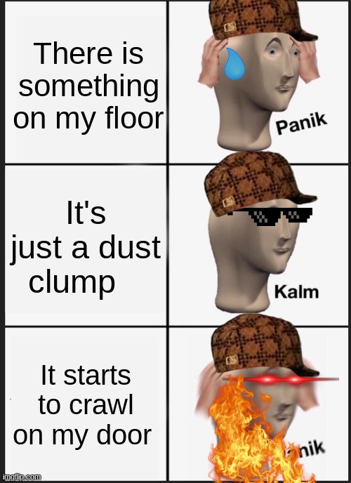 scary | There is something on my floor; It's just a dust clump; It starts to crawl on my door | image tagged in memes,panik kalm panik,scary | made w/ Imgflip meme maker