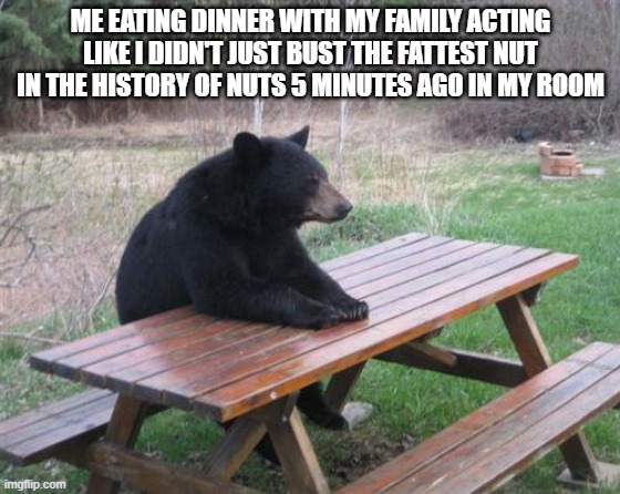 I did it with my Bear hands | ME EATING DINNER WITH MY FAMILY ACTING LIKE I DIDN'T JUST BUST THE FATTEST NUT IN THE HISTORY OF NUTS 5 MINUTES AGO IN MY ROOM | image tagged in memes,bad luck bear,nnn,funny memes,fyp | made w/ Imgflip meme maker