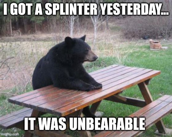 Unbearable splinter | I GOT A SPLINTER YESTERDAY... IT WAS UNBEARABLE | image tagged in memes,bad luck bear,puns,jokes,jpfan102504 | made w/ Imgflip meme maker