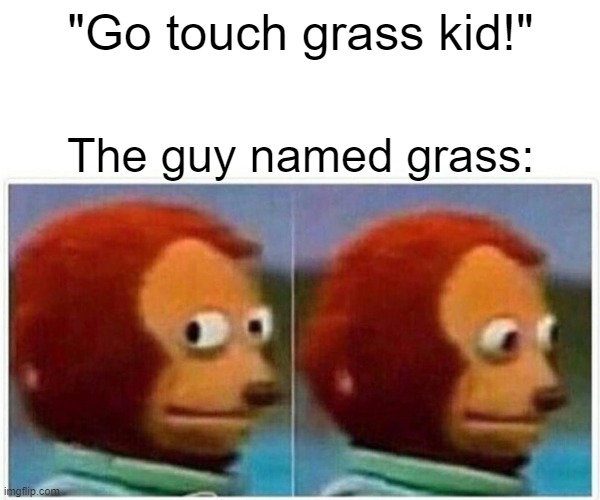 Help grass escape | "Go touch grass kid!"; The guy named grass: | image tagged in memes,monkey puppet | made w/ Imgflip meme maker