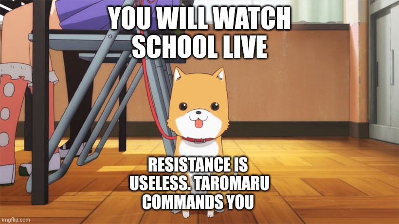 Taromaru | YOU WILL WATCH
 SCHOOL LIVE; RESISTANCE IS 
USELESS. TAROMARU
COMMANDS YOU | image tagged in school live,taromaru meme,apocalypse meme | made w/ Imgflip meme maker