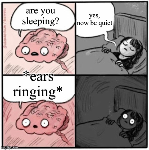 eeeeeeee (aaaaaaaaaaaaa) | yes, now be quiet; are you sleeping? *ears ringing* | image tagged in brain before sleep | made w/ Imgflip meme maker