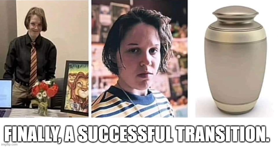 Looks good to me, very successful. | FINALLY, A SUCCESSFUL TRANSITION. | image tagged in transgender,political meme,funny memes | made w/ Imgflip meme maker