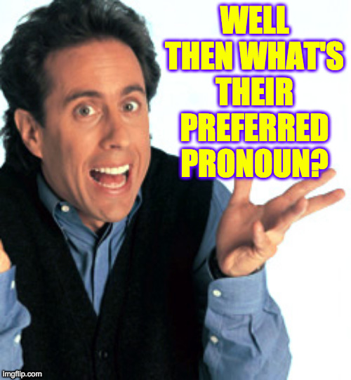 Jerry Seinfeld What's the Deal | WELL THEN WHAT'S THEIR PREFERRED PRONOUN? | image tagged in jerry seinfeld what's the deal | made w/ Imgflip meme maker