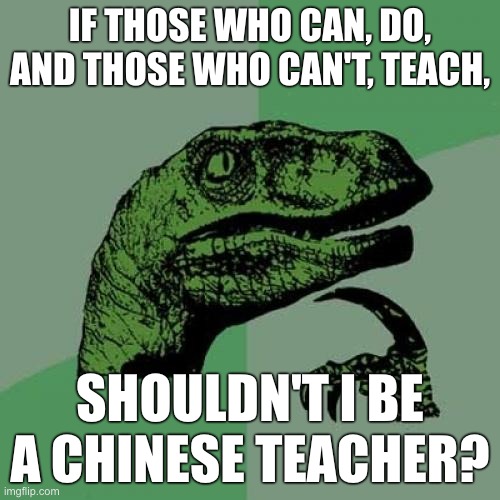 No wonder why teachers are so dumb. | IF THOSE WHO CAN, DO, AND THOSE WHO CAN'T, TEACH, SHOULDN'T I BE A CHINESE TEACHER? | image tagged in memes,philosoraptor | made w/ Imgflip meme maker