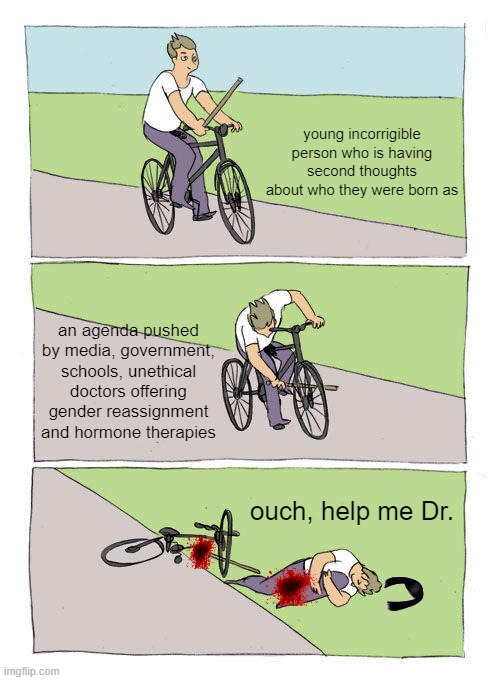 Bike Fall | young incorrigible person who is having second thoughts about who they were born as; an agenda pushed by media, government, schools, unethical doctors offering gender reassignment and hormone therapies; ouch, help me Dr. | image tagged in memes,bike fall | made w/ Imgflip meme maker