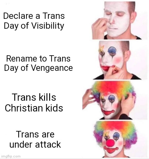 They are going thru with their day of vengeance in DC. They are posing with guns and making threats |  Declare a Trans Day of Visibility; Rename to Trans Day of Vengeance; Trans kills Christian kids; Trans are under attack | image tagged in memes,clown applying makeup,democrats,transgender,liberals | made w/ Imgflip meme maker