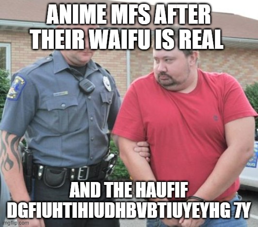 man get arrested | ANIME MFS AFTER THEIR WAIFU IS REAL; AND THE HAUFIF DGFIUHTIHIUDHBVBTIUYEYHG 7Y | image tagged in man get arrested | made w/ Imgflip meme maker